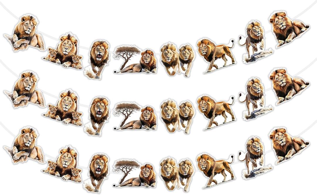 Lion Birthday Banner Lion Party Decorations 3Pcs Realistic Lion Garland Animal Banner for Boys Jungle Safari Theme Birthday Party Supplies