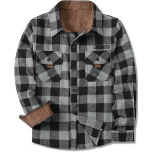 SANGTREE Boys and Mens Flannel Shirts Long Sleeve Button Down Plaid Shirts with Corduroy Collar (S)