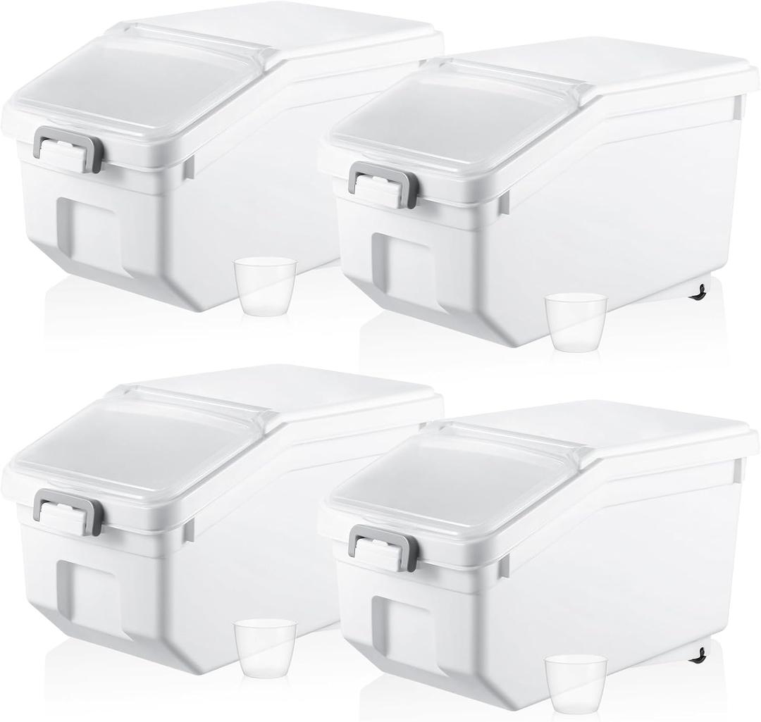 Sunnyray 4 Pcs Rice Storage Containers Bulk Flour Sugar Container Wheels Measuring Cups Set Airtight Pet Dog Cat Birds Food Bin Grain Cereal Organizer Box for Dry Baking(White,22 lb)