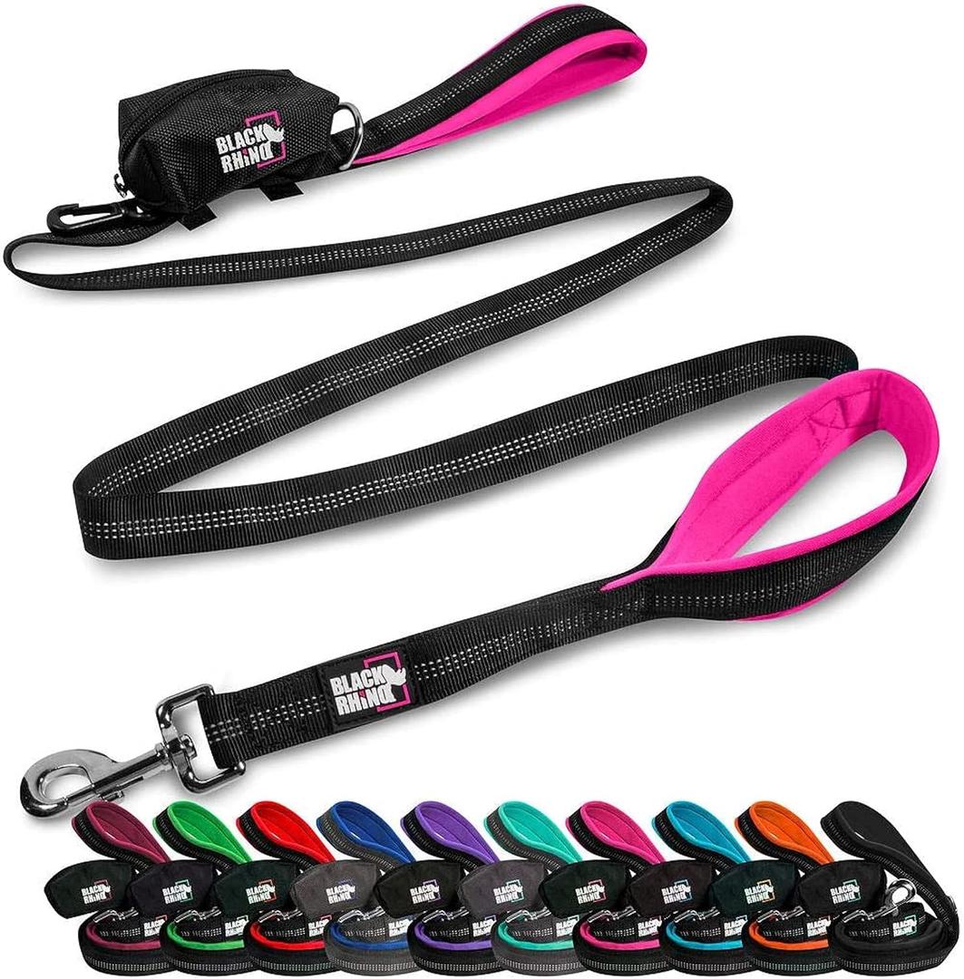 Black Rhino Heavy Duty Dog Leash for Medium and Large Dogs - 6 ft Long Double Handle Leash with Padded Traffic Control Handles and Bag for Comfort - Reflective, Durable, and Weather Resistant (Pink)