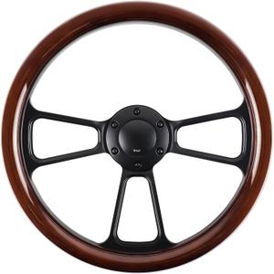Universal 14 Inch Wooden Racing Steering Wheel 6 Bolt Black Aluminum 3 Spoke Vintage Wood Grain Steering Wheel with Horn Button for Racing/Rally/Motorsports Racing Steering Wheel