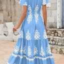 PRETTYGARDEN Womens 2026 Summer Casual V Neck Boho Maxi Dress Flowy Aline Bell Sleeve Tiered Floral Dresses with Pocket (Blue, L)