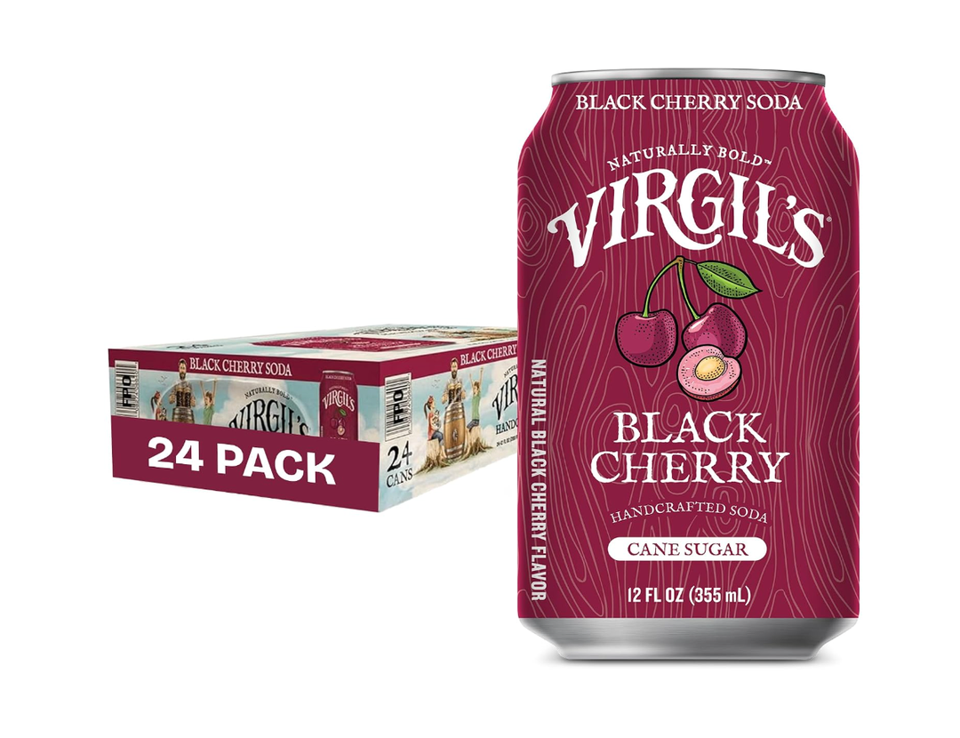 Virgil's Naturally Bold Handcrafted Black Cherry Soda, Pack of 24 (12 fl oz Can each) - Bold Creamy Flavor with Mellow Cherry Finish - Made w/Real Cane Sugar - No Artificial Flavors or Preservatives, BB:03/26/27