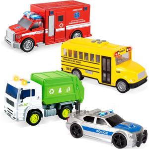 JOYIN 4 Pcs 7" Long Vehicle Toy Set, Toddlers Cars with Lights and Siren Sound, Including Play Police Car, School Bus, Garbage Truck, Ambulance, Birthday Party Gifts Toys for Boys 3-5