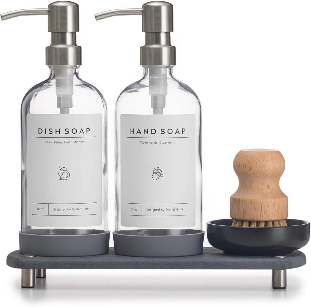 [Luxury] Kitchen Soap Dispenser Set - 16OZ Clear Glass Bottle, Stainless Steel Pump, Instant Dry Tray, Waterproof Labels, Non-Slip Silicone Pad, and Dish Brush | Upgrade for Your Kitchen and Bathroom