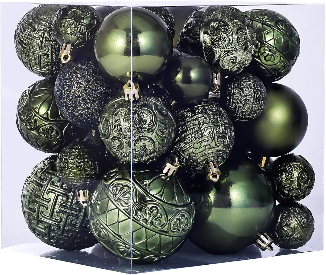 46 Pcs Christmas Ball Ornaments Dark Green Christmas Tree Ornaments Set with Velvet Christmas Bows, Vintage Shatterproof Xmas Decorations with Hanging Hooks for Holiday in 3 Sizes (Small Medium Large)