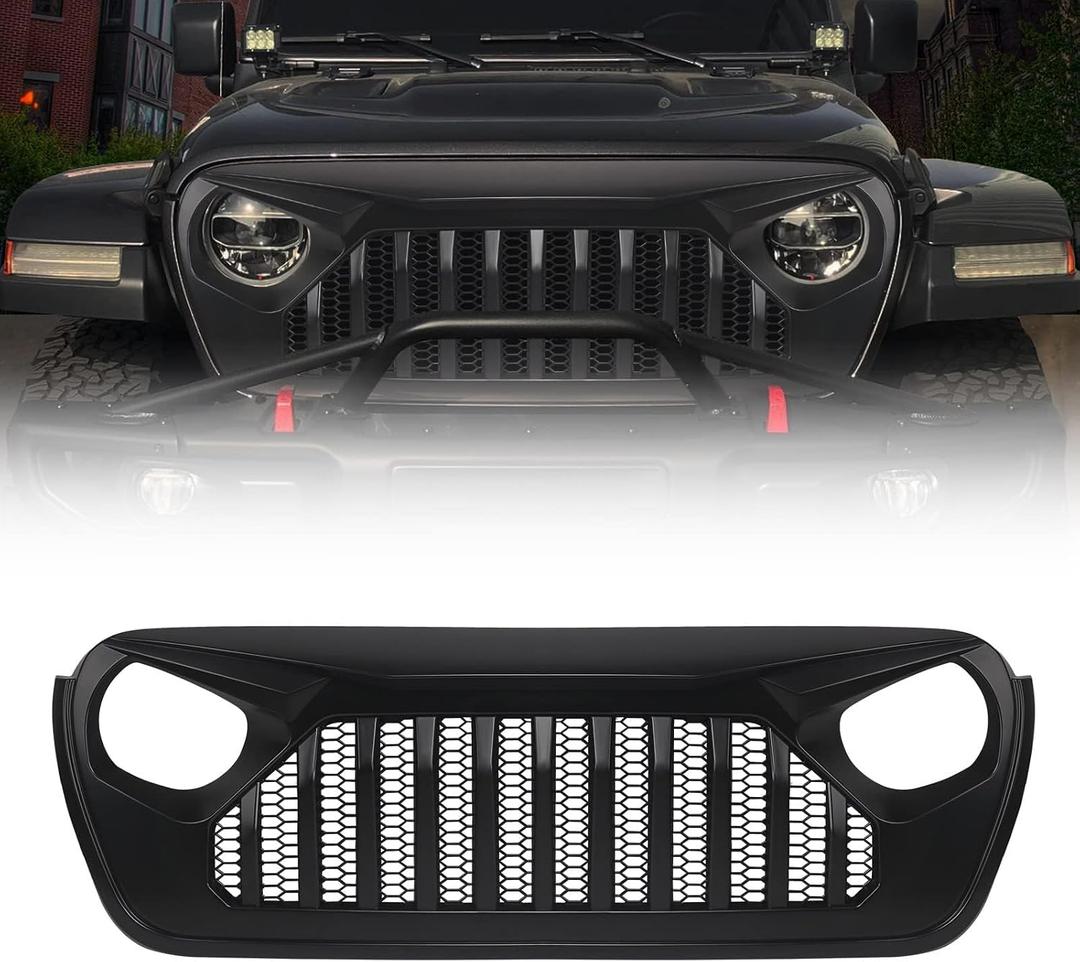 Front Grill with Grille For Jeep Wrangler JL JLU 2018, 2019, 2020, 2021, 2022 & Gladiator JT (Matte Black Fury)