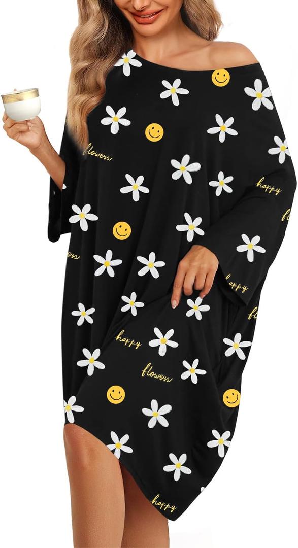 KFUBUO Plus Size Nightgowns for Women Oversized Sleep Tshirts Dress Short Sleeves Sleepwear With Pocket Fit S-5XL