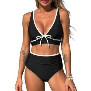 ZAFUL Womens High Waisted Bikini Sets Sexy V Neck Two Piece Swimsuit Cute Bow Ruched Bathing Suit (Black, L)