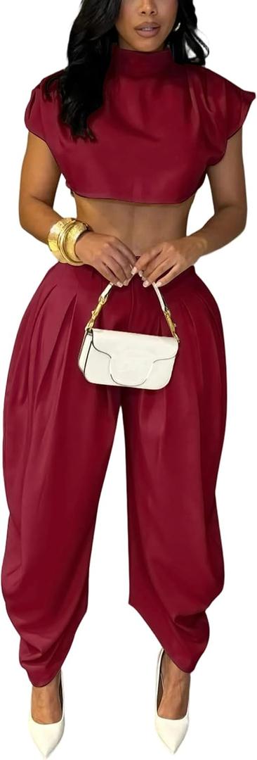 Ekaliy Casual Two Piece Sets For Women Mock Neck Short Sleeve Crop Tops and Palazzo Pants Set Summer Outfits (Red, L)