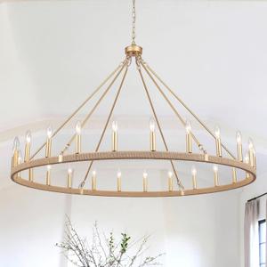 52 Inch Gold Wagon Wheel Chandelier, 24-Light Handmade Cotton Rope Farmhouse Light Fixture, Extra Large Chandeliers for High Ceilings Dining Room, Living Room, Foyer, Entryway, E12
