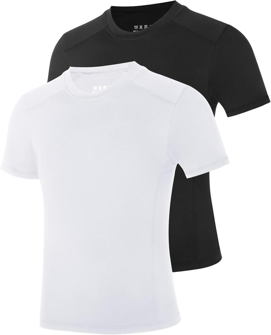 Boys Compression Shirt Short Sleeve, Youth Quick Dry Basketball Football Undershirts, Kids Athletic Sports Base Layer, M, 2 Pack: Black+white