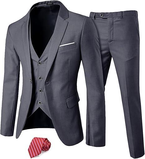 MY'S Men's 3 Piece Slim Fit Suit Set, One Button Solid Jacket Vest Pants with Tie, S