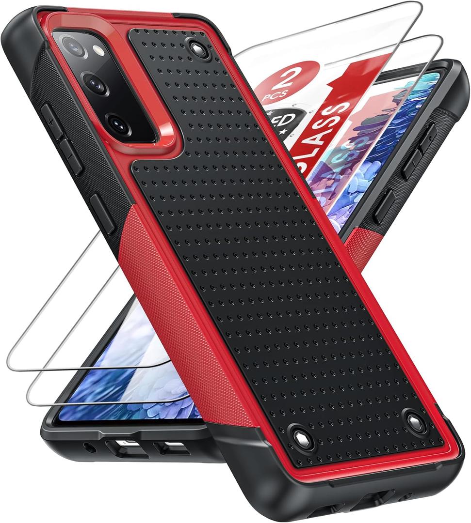 LeYi for S20 FE 5G Case: Galaxy S20 FE 5G Phone Case with Screen Protectors [2 Pack], Shockproof Heavy Duty Dual Layer Protective Hard PC Textured Back & Soft Bumper Case for Samsung S20 FE 5G, Red