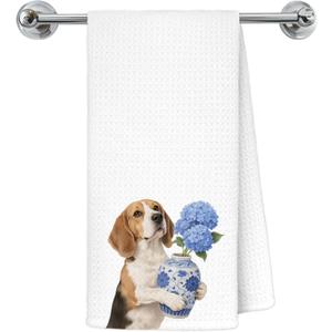 Blue Hydrangea Beagle Kitchen Towels, Beagle Lovers Gifts Dish Tea Towels for Kitchen Decor, Chinoiserie Porcelain Floral Dog Decorative Hand Towel Bathroom Decor, 16x24 Inch