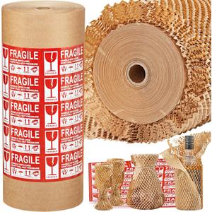 JARLINK Honeycomb Packing Paper, 15 * 400' Packing Wrap for Packing/Shipping/Moving, Recyclable Honeycomb Cushioning Wrap Roll, Moving & Gifts Wrapping Paper With 30 Fragile Sticker Labels