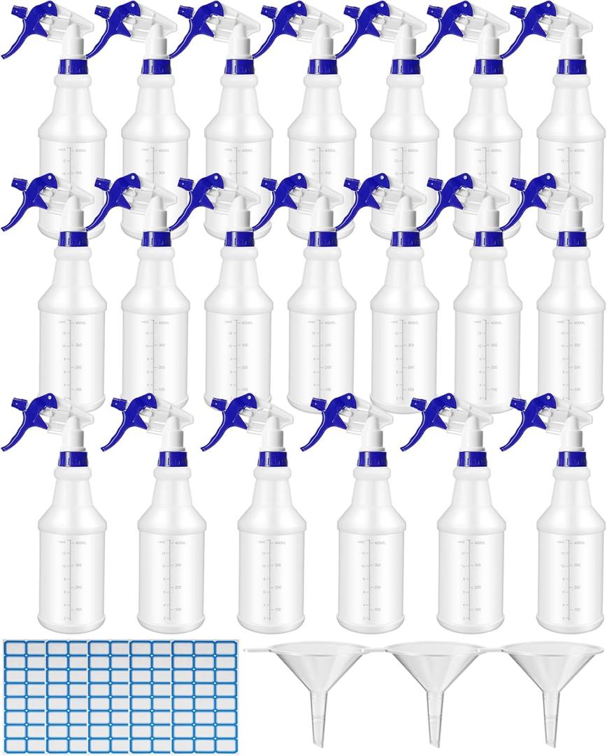 Eccliy 20 Pack 16oz Empty Spray Bottles, Leakproof Cleaning Bottles with Measurement and Adjustable Nozzle for Housekeeping, Commercial Use(Cylinder,Blue Spray Head)