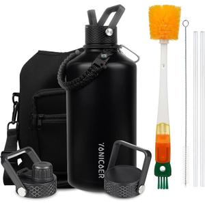 Insulated Water Bottle 128oz,Triple Wall Vacuum Stainless Steel(Dishwasher Safe),Leak Proof & Non-BPA,Flask Jug with Paracord Handle & Straw Spout Lids Sports Black