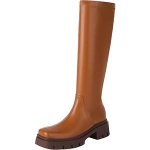 vivianly Women's Chunky Heel Knee high Boots Zipper Square Toe Platform Booties (6, Brown-platform-2.36in Heel)