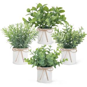 Mkono 4 Packs Small Fake Plants in Farmhouse Galvanized Pots Table Centerpiece Mini Potted Artificial Plants Faux Eucalyptus for Shelf Office Rustic Home Decor (White, Mini-6" H)