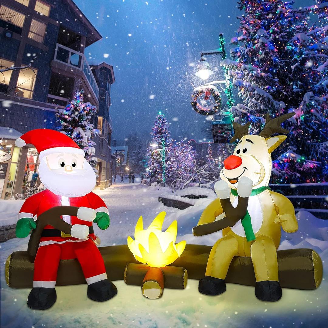 Joliyoou 7FT Christmas Inflatable Decorations, Blowup Santa and Reindeer Roasting Marshmallows Over Campfire, Lighted Xmas Inflatable for Yard Front Door Outdoor Indoor Decor