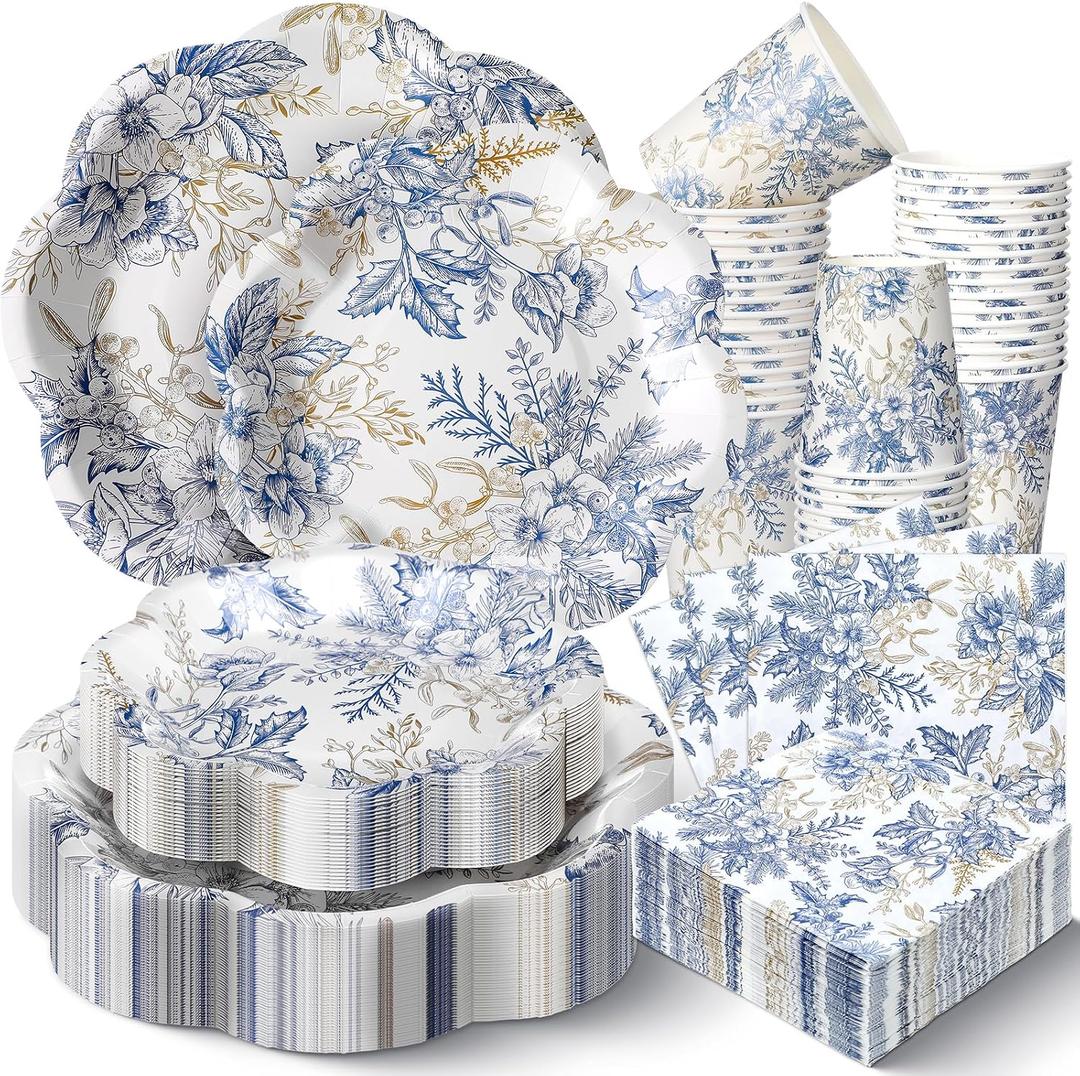 Newtay 250 Pcs Blue Floral Disposable Plates and Napkins Blue Gold Disposable Tableware Set for 50 Guests Paper Plates Napkins Cups for Wedding Bridal Shower Supplies