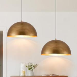 Ludil 16" Dome Gold Pendant Light, Farmhouse Pendant Lights for Kitchen Island, Modern Adjustable Hanging Lamp for Dining Room Living Room Hallway Cafe Bar 2 Pack