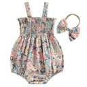 Infant Baby Girl Summer Outfit Clothes Sleeveless Smocked Cotton Linen Romper with Headband