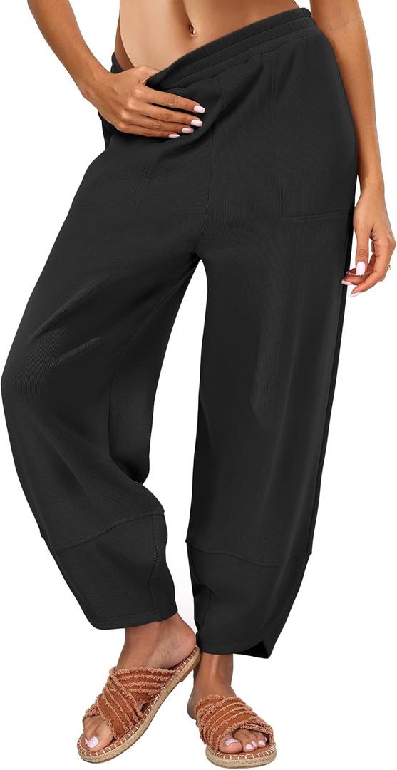 Caracilia Women Barrel Wide Leg Pants Casual Elastic Waist Loose Comfy Spring Vacation Travel Baggy Lounge Sweatpants (X-Large, Black)