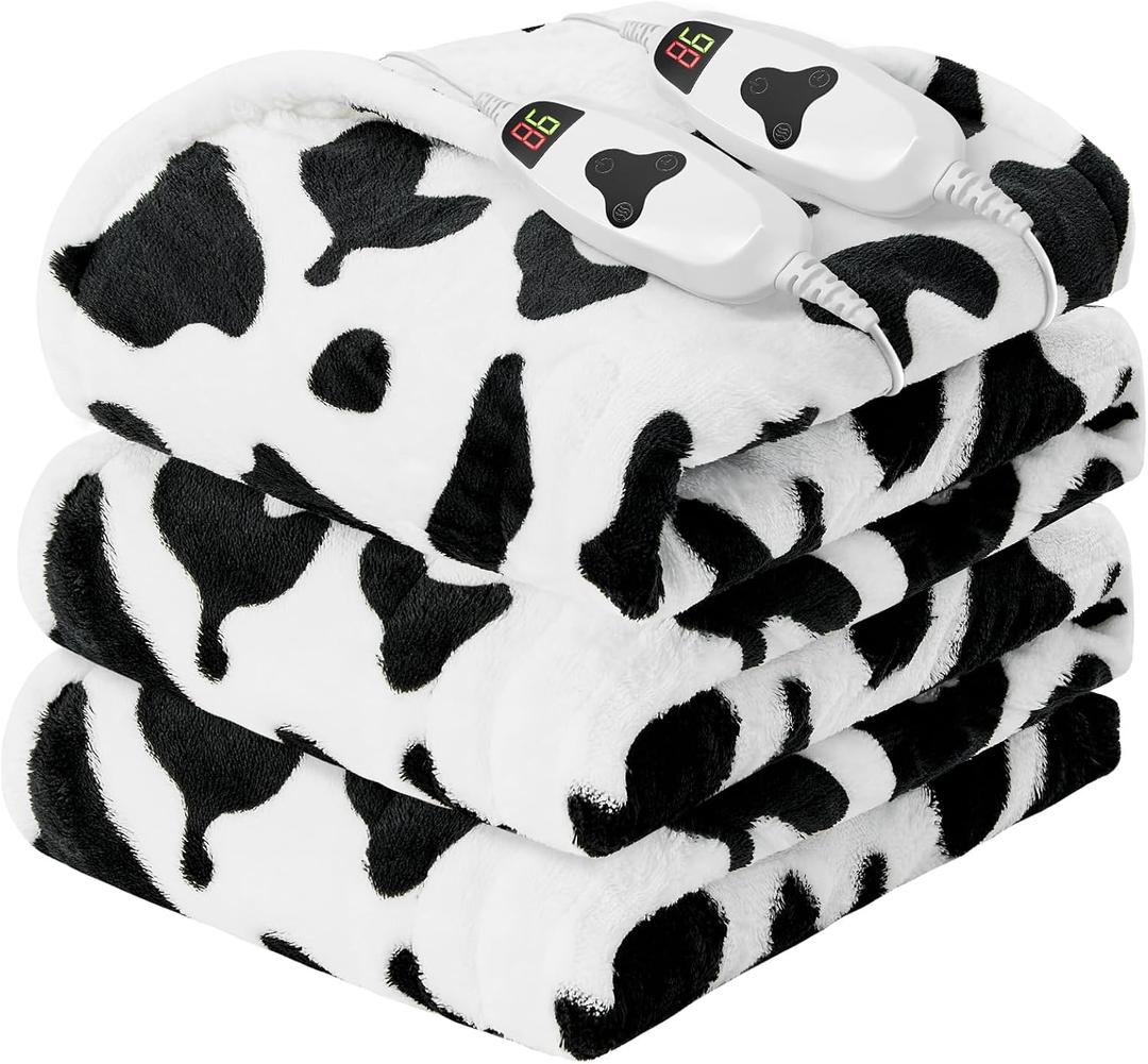Electric Heated Blanket King Size,90X100 Black Heating Blanket King with Dual Control&Timer&10 Heat Level,Cute Cow Print Fleece Sherpa Blankets Warmer Gifts for Bed Women Adults