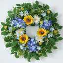 26" Large Artificial Flower Wreath for Front Door Outside – Spring Summer Wreath with Lifelike Sunflowers, Fake Blue Hydrangea Flowers for Indoor Outdoor Mantel,Window,Farmhouse,Home,Wall Decor