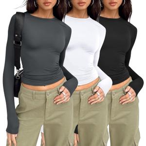 AUTOMET 3 Pack Womens Long Sleeve T Shirts Fall Fashion Basic Going Out Crop Tops Slim Fitted Winter Clothes 2025 (Gray, M)