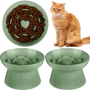 Tioncy 2 Pcs Ceramic Slow Feeder Raised Cat Bowl Cat Food Elevated Dry Wet Food and Water Easy to Clean Pet Bowls High Edge for Small Dogs, Dishwasher Safe(Sage Green) (Sage Green)