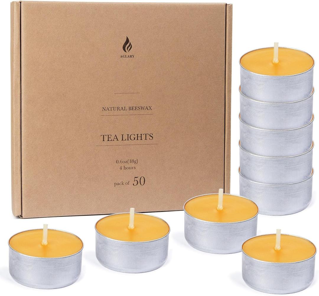 50-Pack Pure Beeswax Tealight Candles in Aluminum Cups - 4-5 Hour Burn Time, Lead-Free Cotton Wick, Natural Unscented Candles (Raw)