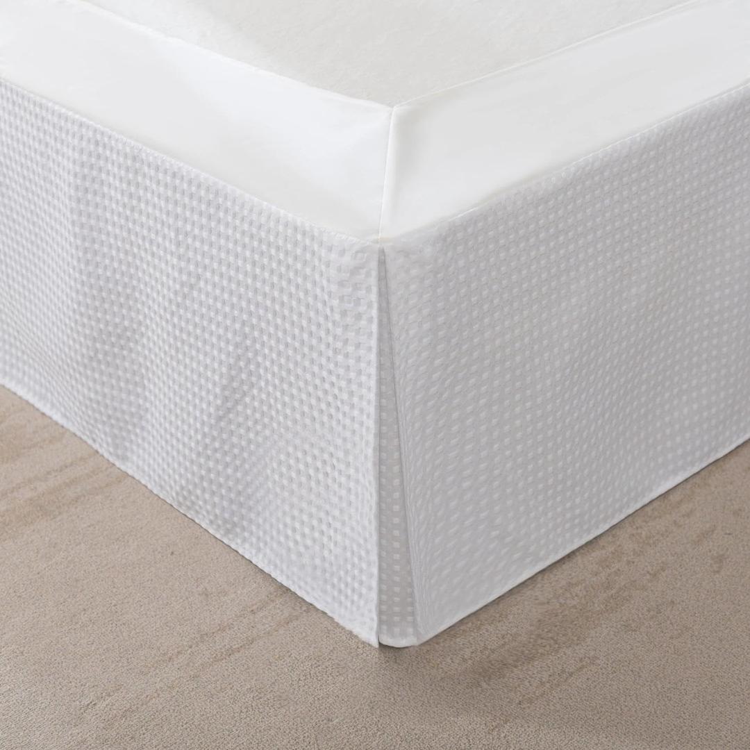 Twin Bed Skirt, Wrap Around Bed Skirt with Pleated Corner, 12 Inch Drop Pleated Waffle Weave Bedskirts, Anti-Slip, Microfiber, White, 12'' Twin