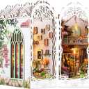 TuKIIE DIY Book Nook Miniature Kit, Booknook Dollhouse Bookshelf Insert with Sensor Light & Dust Proof, Wooden Decorative Bookend Stand Model Kits for Kids Teens Adults(Flower House)