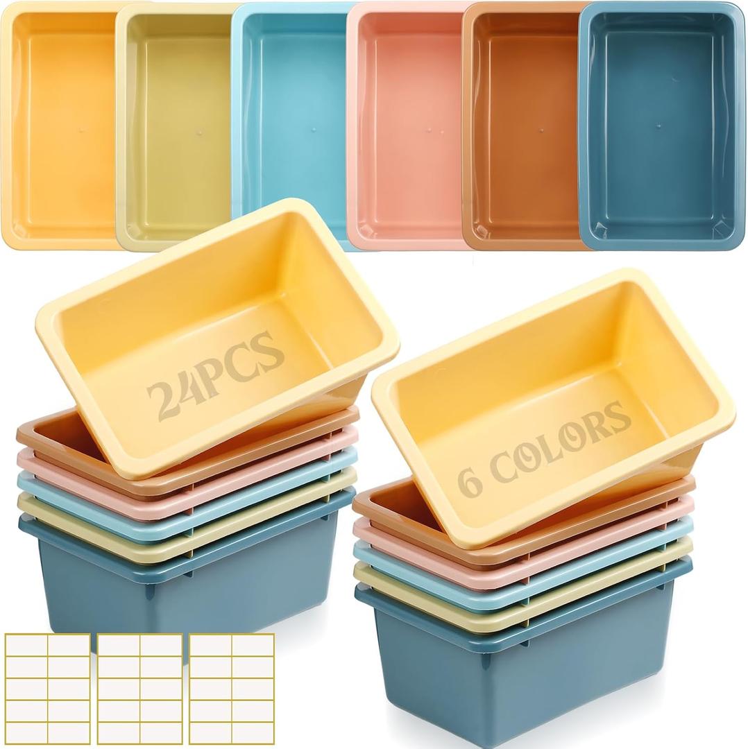 Thyle Plastic Cubby Bins with Labels 11.6 x 7.7 Inch Classroom book bins Stacking Storage Container Organizer Storage Cubbies for Classroom Office(Classic,Morandi Color,24 Pieces)