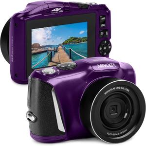 Minolta 64MP Digital Camera  4K Ultra HD Video at 60FPS, 16x Digital Zoom, WiFi, CMOS Sensor, 3-inch LCD Display, Auto Exposure - Includes 32GB Memory Card, Rechargeable Battery (Purple)