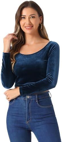 Allegra K Women's Velvet Long Sleeve Off Shoulder Solid Crop Top, Size: Large