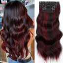 Vigorous Clip in Hair Extensions 4Pcs Black Burgundy mixed Synthetic Hair Extension 20 Inches Full Head Thick Long Wavy Synthetic Hairpieces for Women