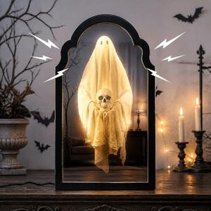 20" Haunted Ghost Mirror with LED Lights & Scary Voice Changer, 20"L x 20"W
