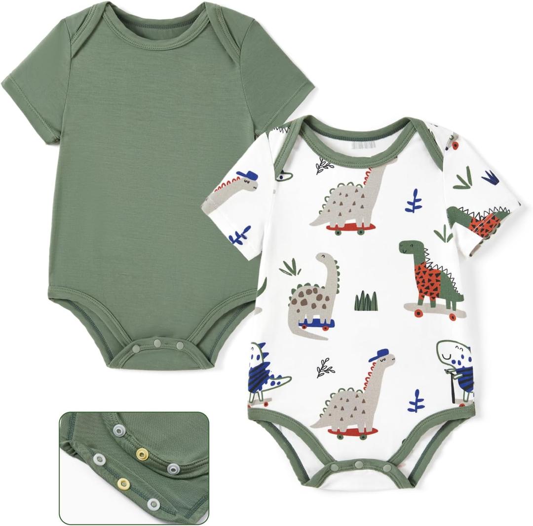 PATPAT Baby Bodysuits Supersoft Bamboo Viscose - Short Sleeve Boys and Girls - Newborn Infant Unisex Clothes Pack (0-3 Months, Jungle Dino)