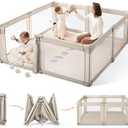 Sweeby Baby Playpen, 59x59 Inch Gate Foldable for Babies and Toddlers, Extra Large with Door Play Yard for Fence Indoor and Outdoor, Light Khaki