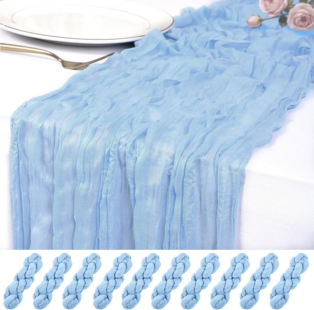 10 Pack Light Blue Cheesecloth Table Runner 17x108 Inch Semi Sheer Boho Rustic Gauze Cheese Cloth Table Runners for Wedding Party Birthday Baby Shower Home Décor