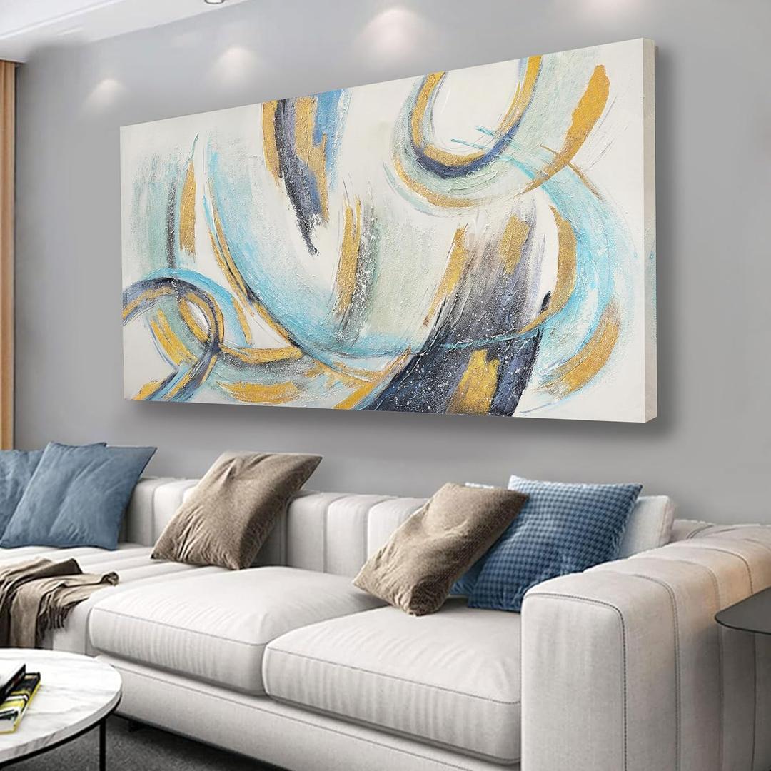Glvzygy Abstract Wall Blue and Gold Wall Art Abstract Canvas Wall Decor Frame Artwork Modern Home Wall Decor for Living Room Bedroom Office 29"x58"