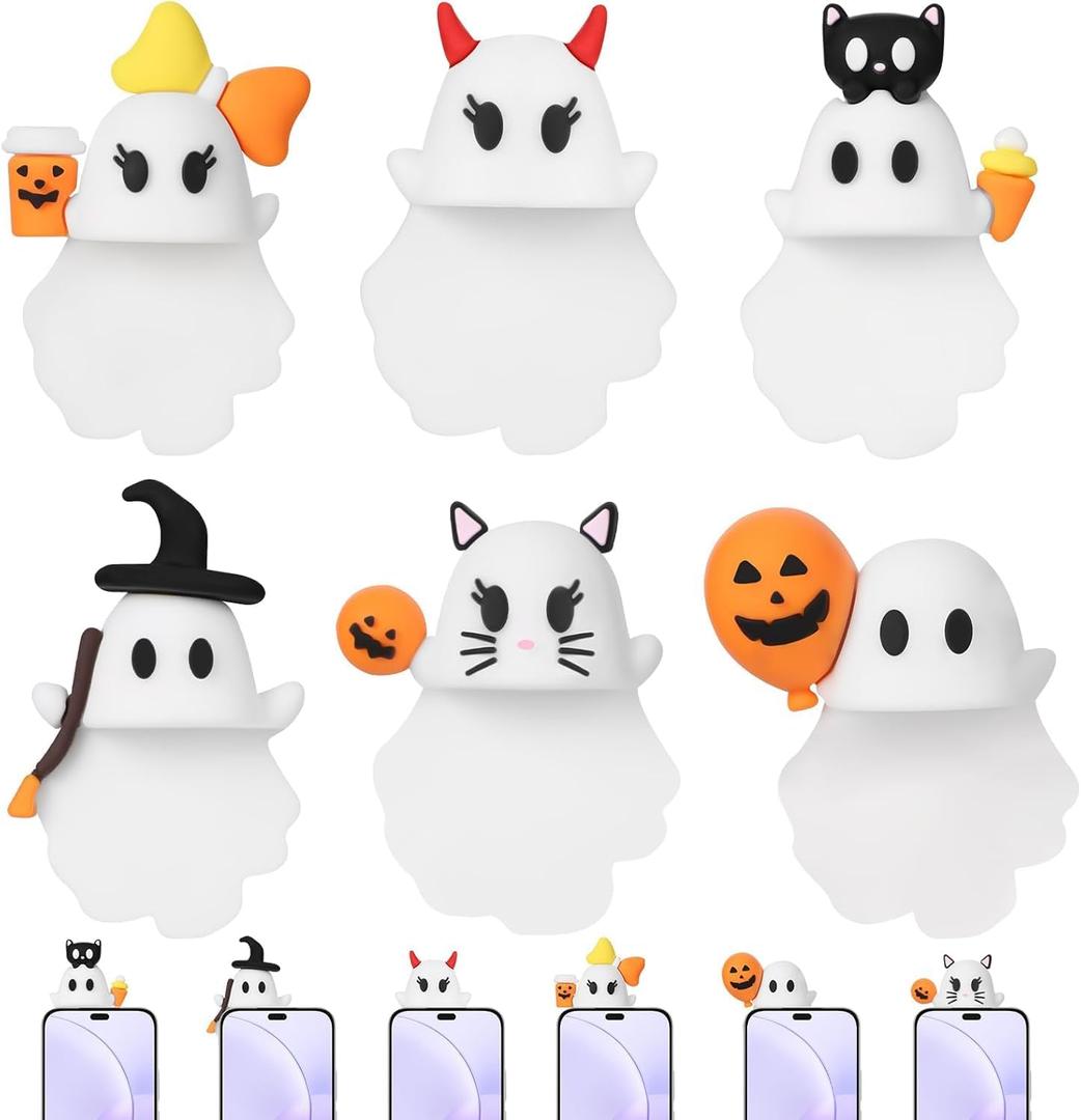 Ghostees Mystery Phone Buddy, Stick-On Halloween Ghost & Pumpkin Phone Topper, Halloween Cute-Ghost Phones Charm Cute Cling Decoration For All Smartphone(6Pcs)