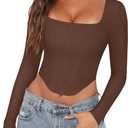 REORIA Womens Trendy Sexy Square Neck Long Sleeve Backless Y2K Going Out Boned Bustier Corset Crop Tops (Small, Coffee)