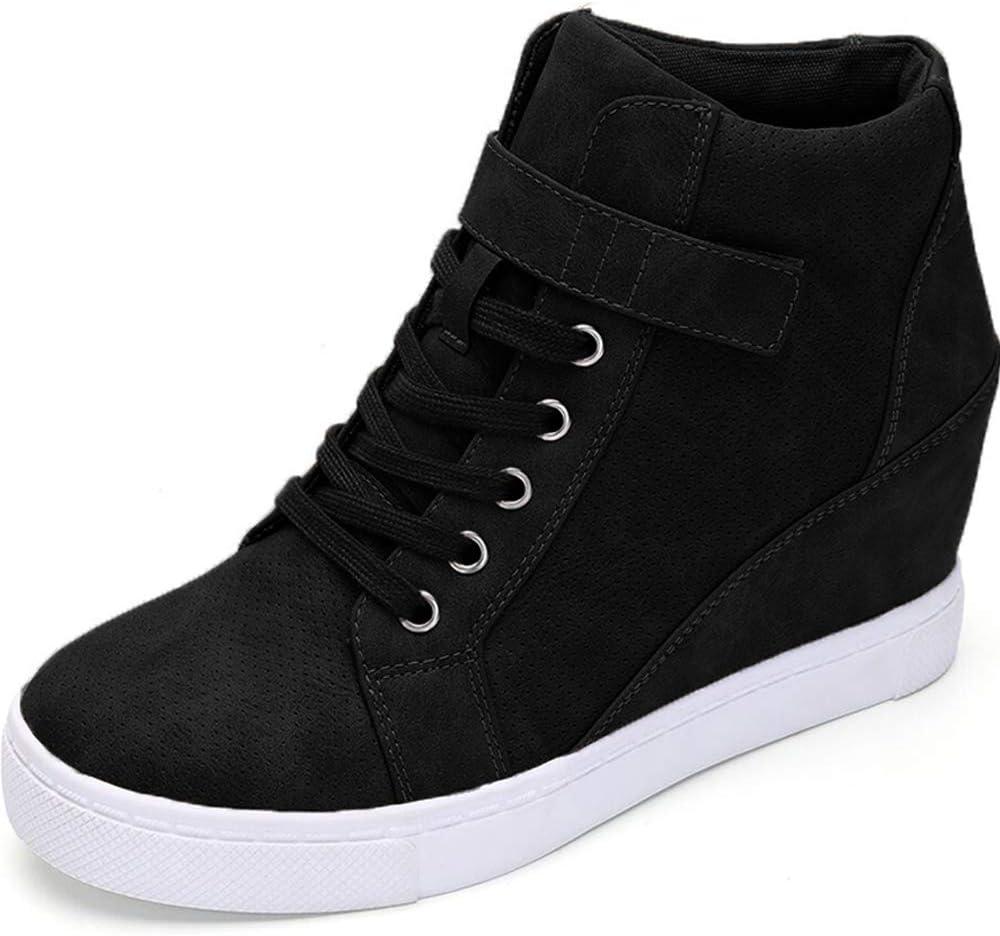 Athlefit Women's Lace Up Wedge Sneakers High Top Fashion Sneakers Ankle Booties (8.5, Black)