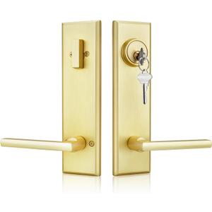 Haidms Gold Front Door Handle - Entry Door Lever and Deadbolt Set, Modern Brushed Gold Exterior Door Lock Set, Square Front Door Handles (1 Pack)