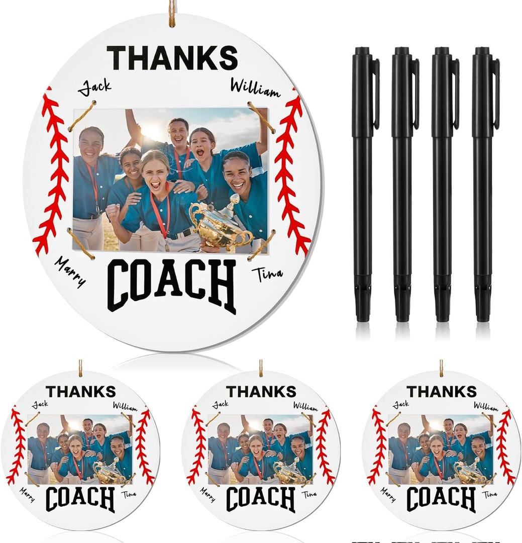 4 Set Baseball Thanks Coach Picture Frames with Signature Pens Fits 4 x 6 Inches Photos Wooden Picture Frame Thanks Baseball Coach Gift from Team Coaches Appreciation Home Plate Plaque